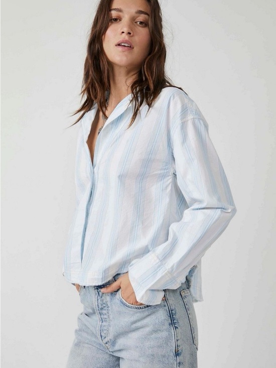 Free People Tops - Free People Pale Blue Striped Button-Down Shirt